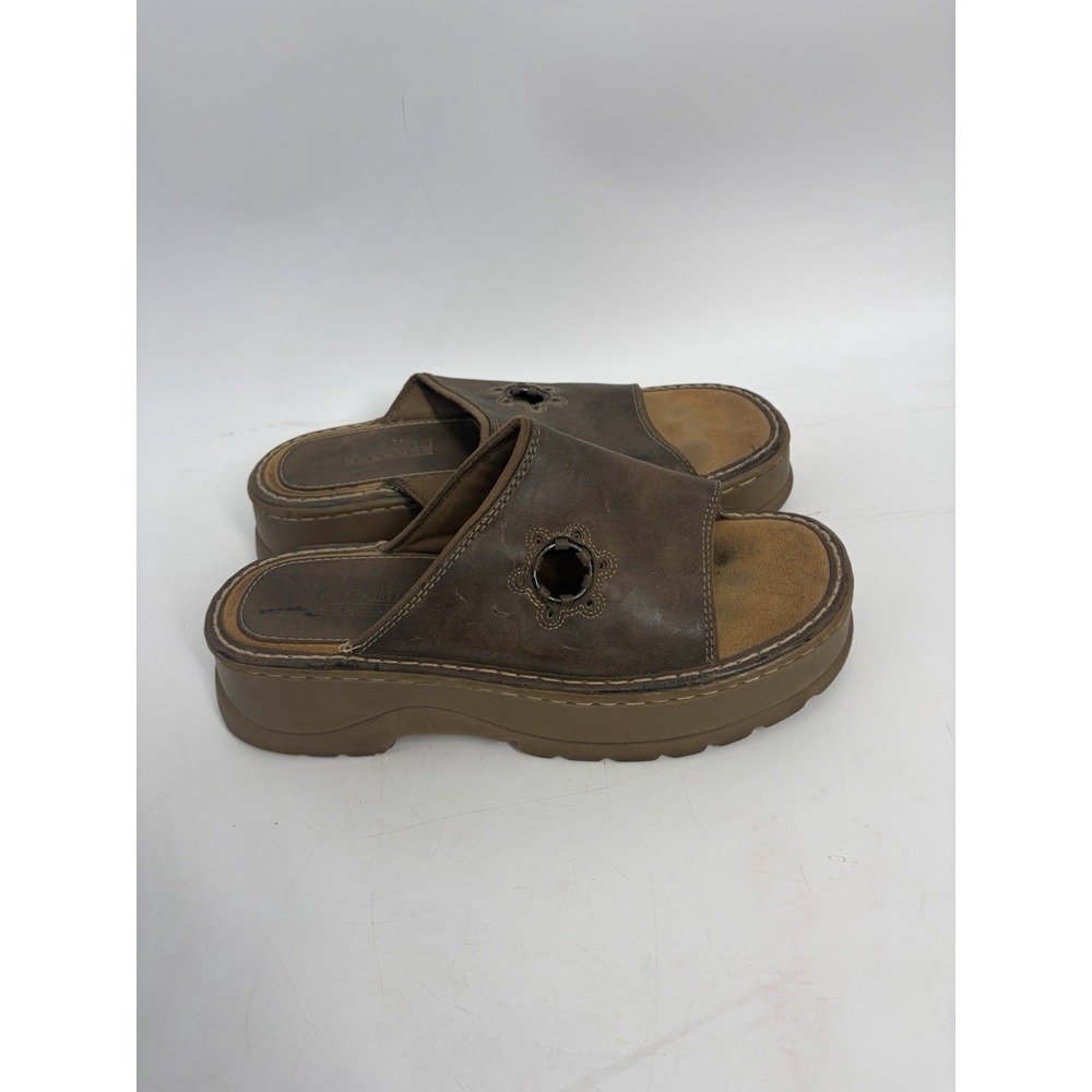 Vintage 90s y2k chunky heel platform faux leather Slide sandals Brown Cut Out